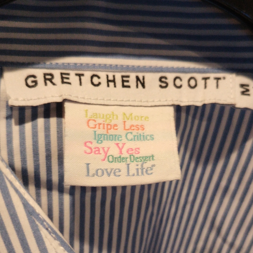 FINAL PRICE GRETCHEN SCOTT Blue & White Striped Blouse w Tufted/Pleated Cuffs